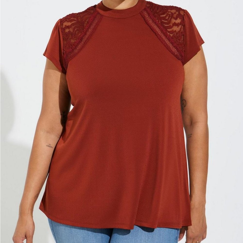 Torrid Burgundy Studio Crepe Jersey Mock Neck Lace Inset Top, Size 6, Li…